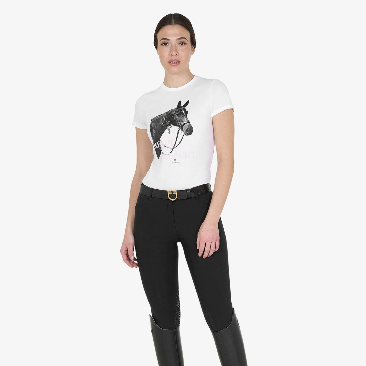 Equestro Women's Slim Fit Cotton T-Shirt Ready To Jump Print With Rhinestones #colour_white