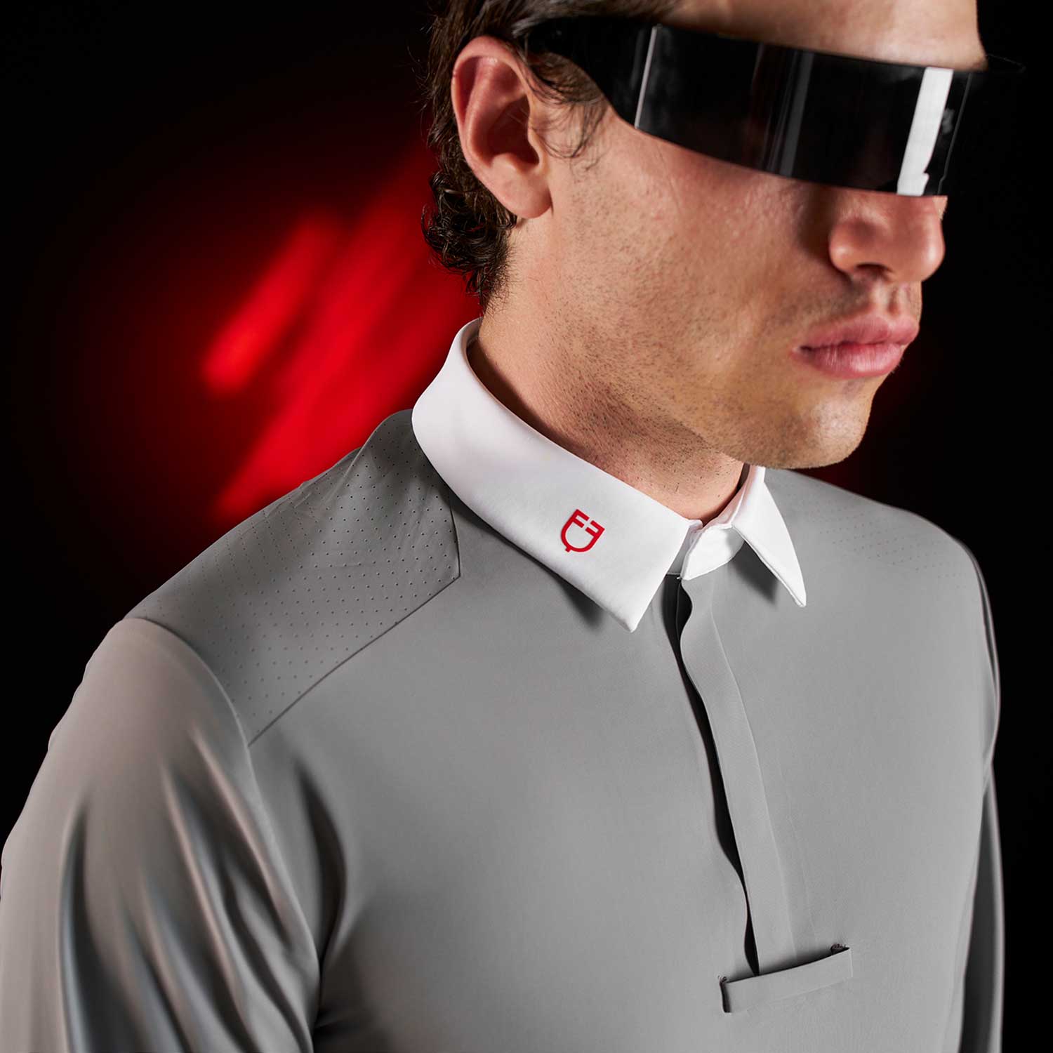 Equestro Equestro Ridertechnology Men's Competition Polo Shirt Long Sleeves And Buttons #colour_grey