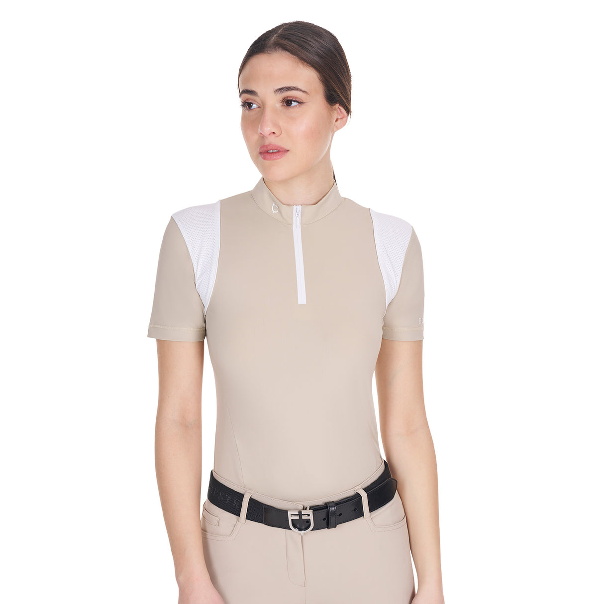 Equestro Women's Slim Fit Training Polo Shirt with Mesh Inserts #colour_beige