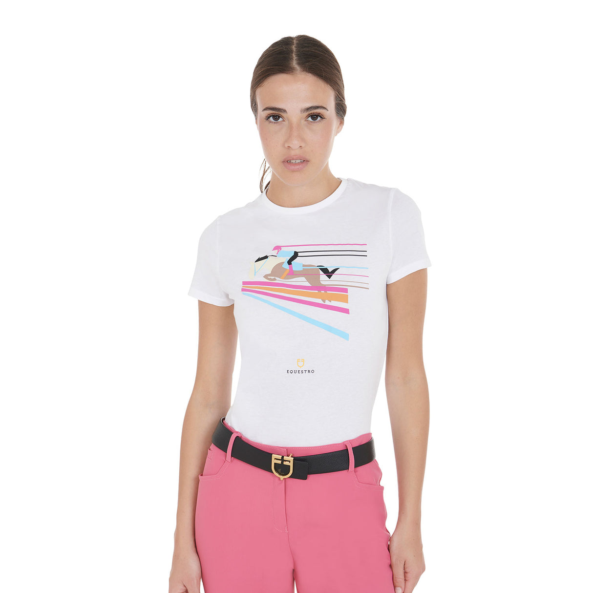 Equestro Women's Slim Fit T-Shirt With Colorful Jumping Design #colour_white