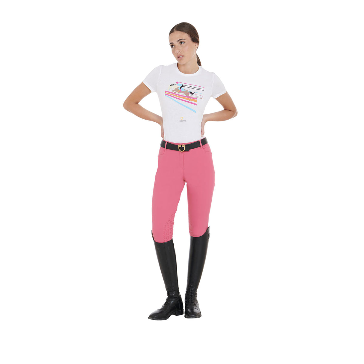 Equestro Women's Slim Fit T-Shirt With Colorful Jumping Design #colour_white