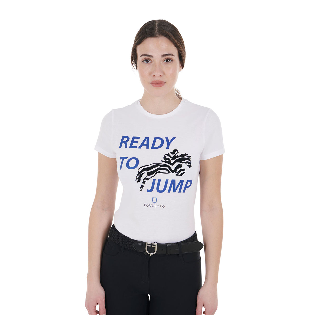 Equestro Women's Slim Fit Cotton T-Shirt Ready To Jump Print #colour_white