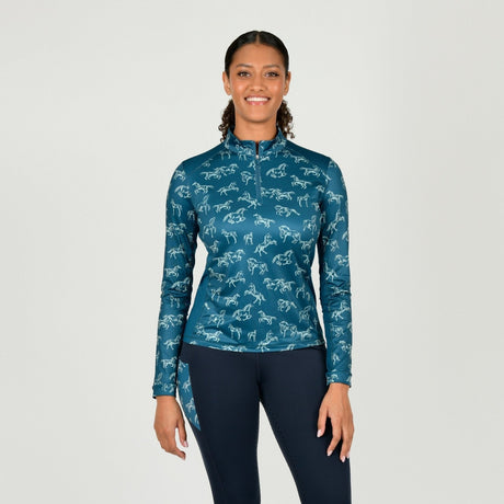 Dublin Ladies Autumn Sally Long Sleeve Riding Top #colour_legion-blue-frolicking-horses