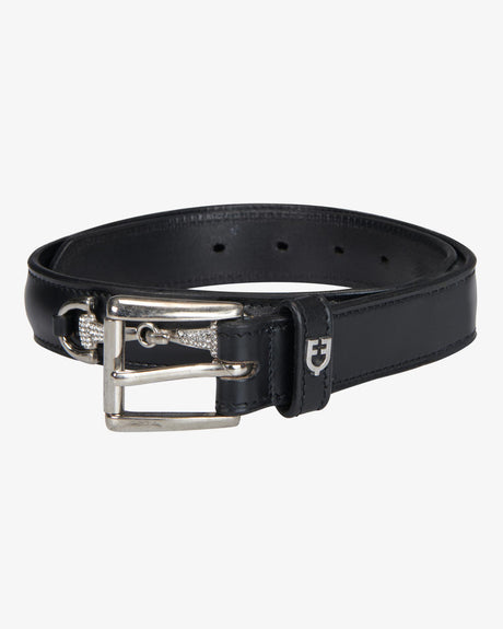 Equestro Leather Belt With Snaffle Bits And Rhinestones #colour_black-silver