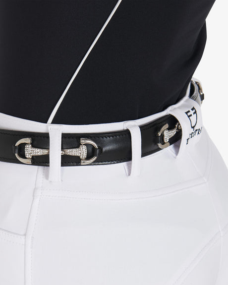 Equestro Leather Belt With Snaffle Bits And Rhinestones #colour_black-silver