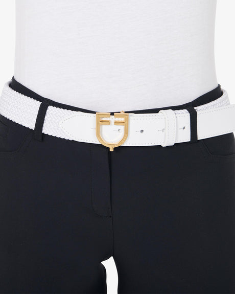 Equestro Leather Elastic Belt With Logoed Buckle #colour_white-gold