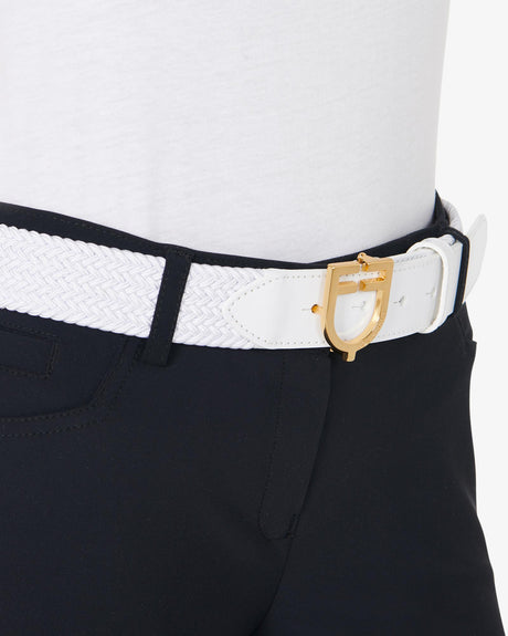 Equestro Leather Elastic Belt With Logoed Buckle #colour_white-gold