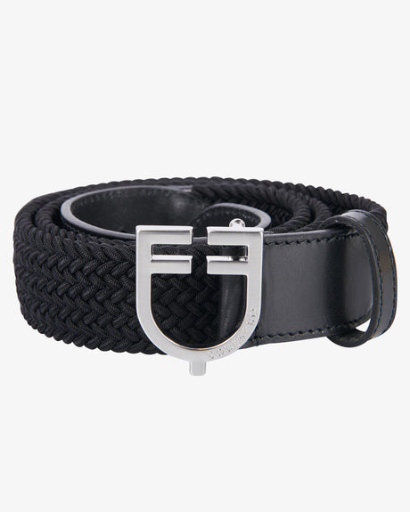 Equestro Leather Elastic Belt With Logoed Buckle #colour_black-silver