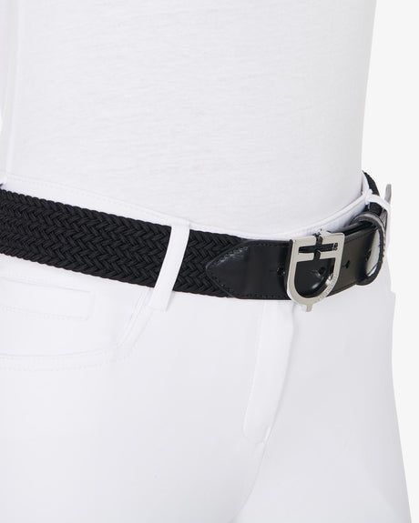 Equestro Leather Elastic Belt With Logoed Buckle #colour_black-silver