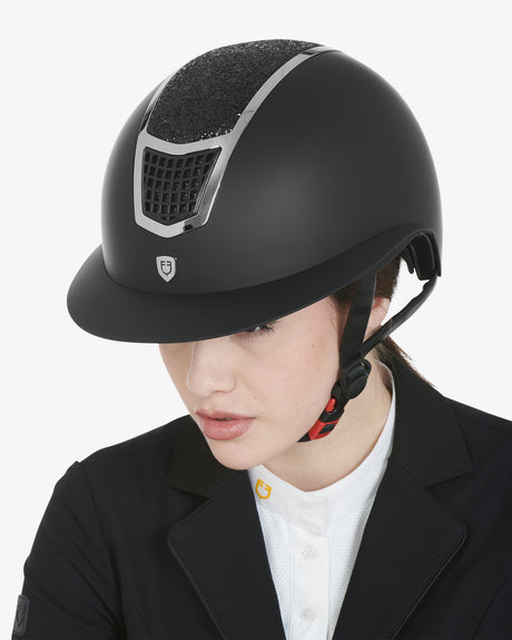 Equestro Helmet With Rhinestones And Wide Visor Homologation En 1384-2023 #colour_black-silver