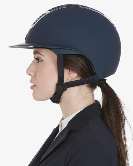 Equestro Helmet With Rhinestones And Wide Visor Homologation En 1384-2023 #colour_blue-silver