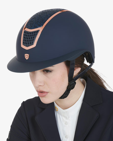 Equestro Helmet With Rhinestones And Wide Visor Homologation En 1384-2023 #colour_blue-gold