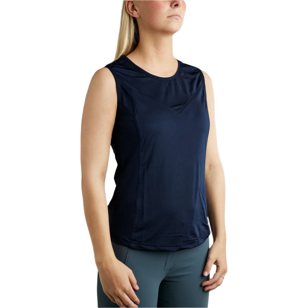 Montar MoStella Mesh Sleeveless Top with Contrast Stated Logo Print #colour_navy