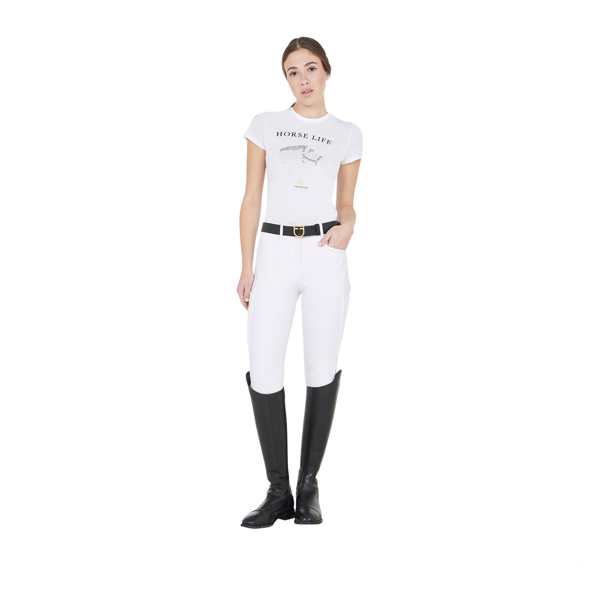 Equestro Women's Slim Fit Breeches With Knee Grip #colour_white