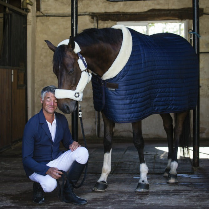 Equitheme Teddy Synthetic Sheepskin Lined Stable Rug #colour_navy-ecru