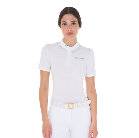Equestro Women's Slim Fit Competition Polo Shirt With Collar Rhinestones #colour_green-white