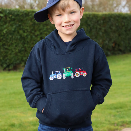 British Country Collection Three Tractors Childrens Hoodie #colour_navy